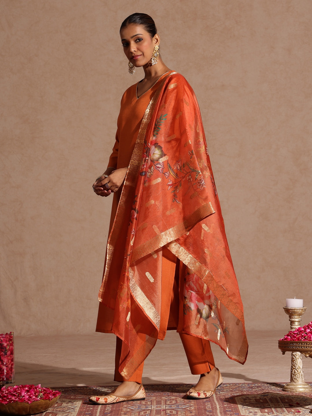 Women's Orange Cotton Blend Yoke Design Straight Kurta Set With Printed Dupatta