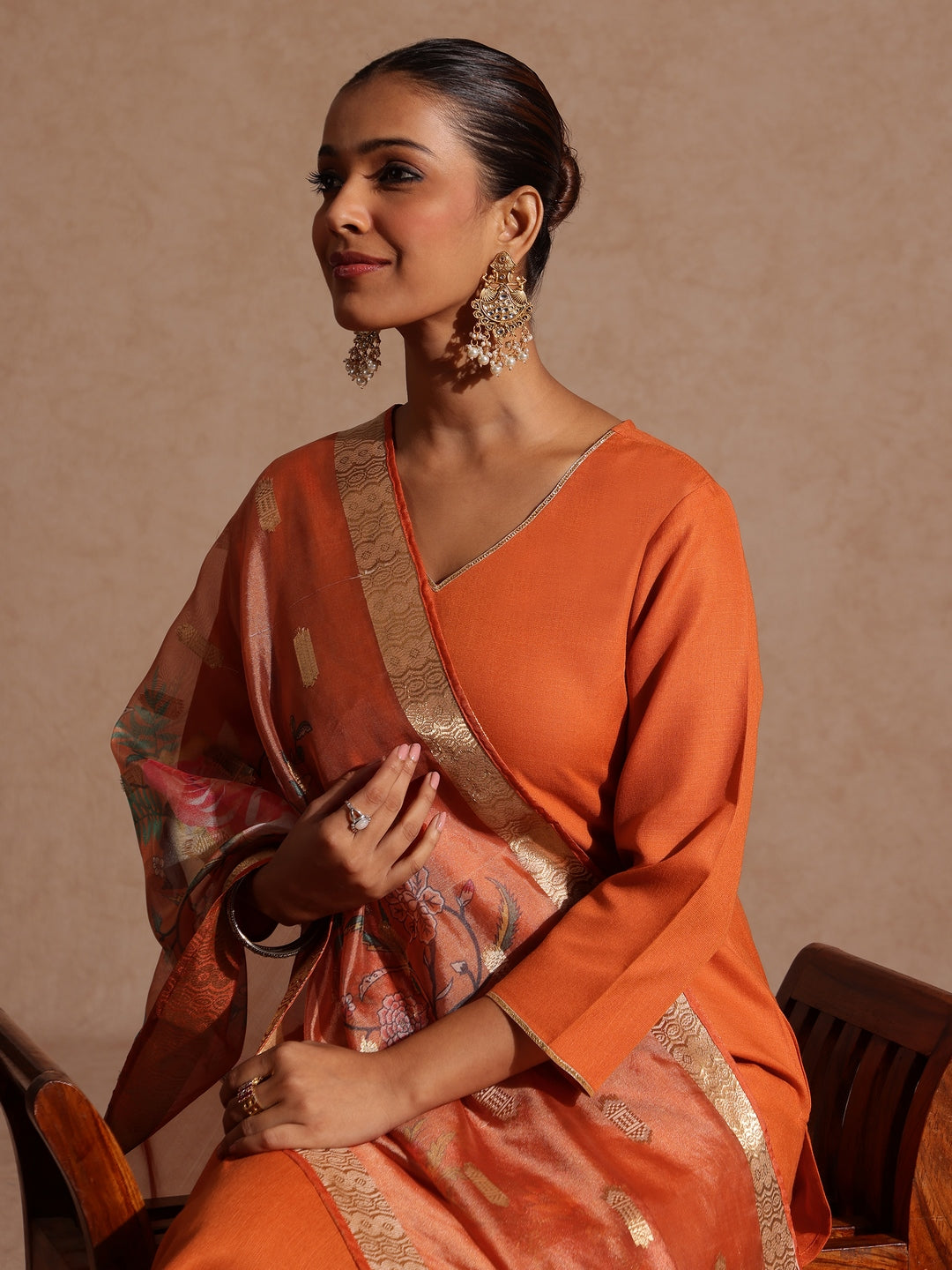 Women's Orange Cotton Blend Yoke Design Straight Kurta Set With Printed Dupatta