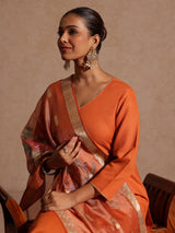 Women's Orange Cotton Blend Yoke Design Straight Kurta Set With Printed Dupatta