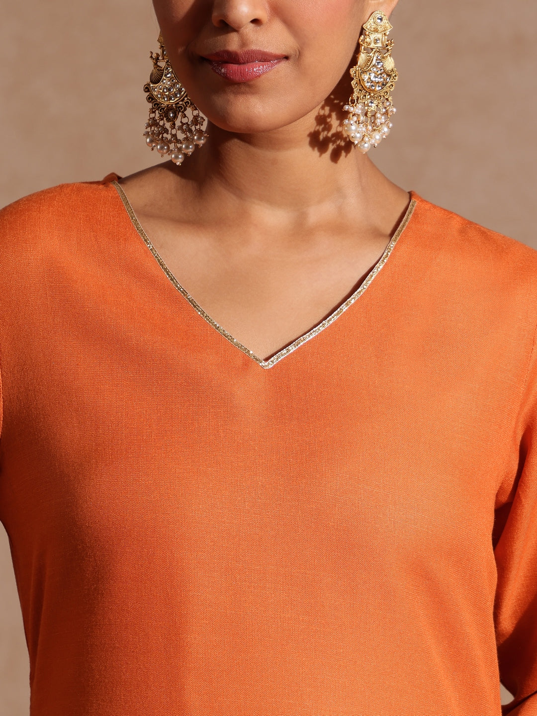 Women's Orange Cotton Blend Yoke Design Straight Kurta Set With Printed Dupatta