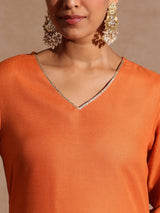 Women's Orange Cotton Blend Yoke Design Straight Kurta Set With Printed Dupatta