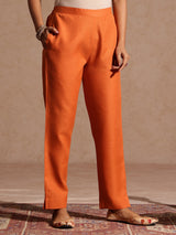 Women's Orange Cotton Blend Yoke Design Straight Kurta Set With Printed Dupatta