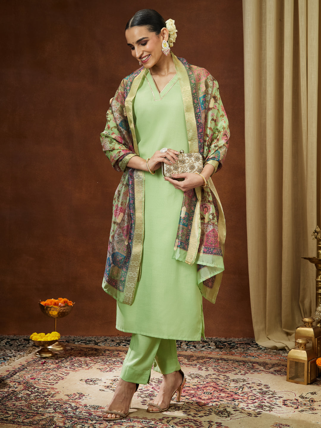 Women's Mint Green Cotton Blend Yoke Design Straight Kurta Set With Printed Jacquard Dupatta