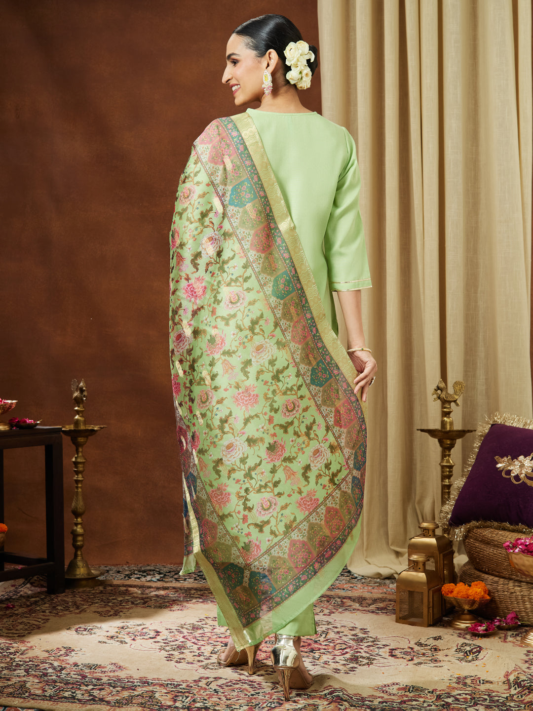 Women's Mint Green Cotton Blend Yoke Design Straight Kurta Set With Printed Jacquard Dupatta