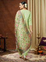 Women's Mint Green Cotton Blend Yoke Design Straight Kurta Set With Printed Jacquard Dupatta