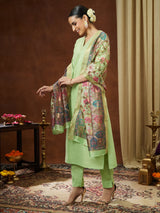 Women's Mint Green Cotton Blend Yoke Design Straight Kurta Set With Printed Jacquard Dupatta