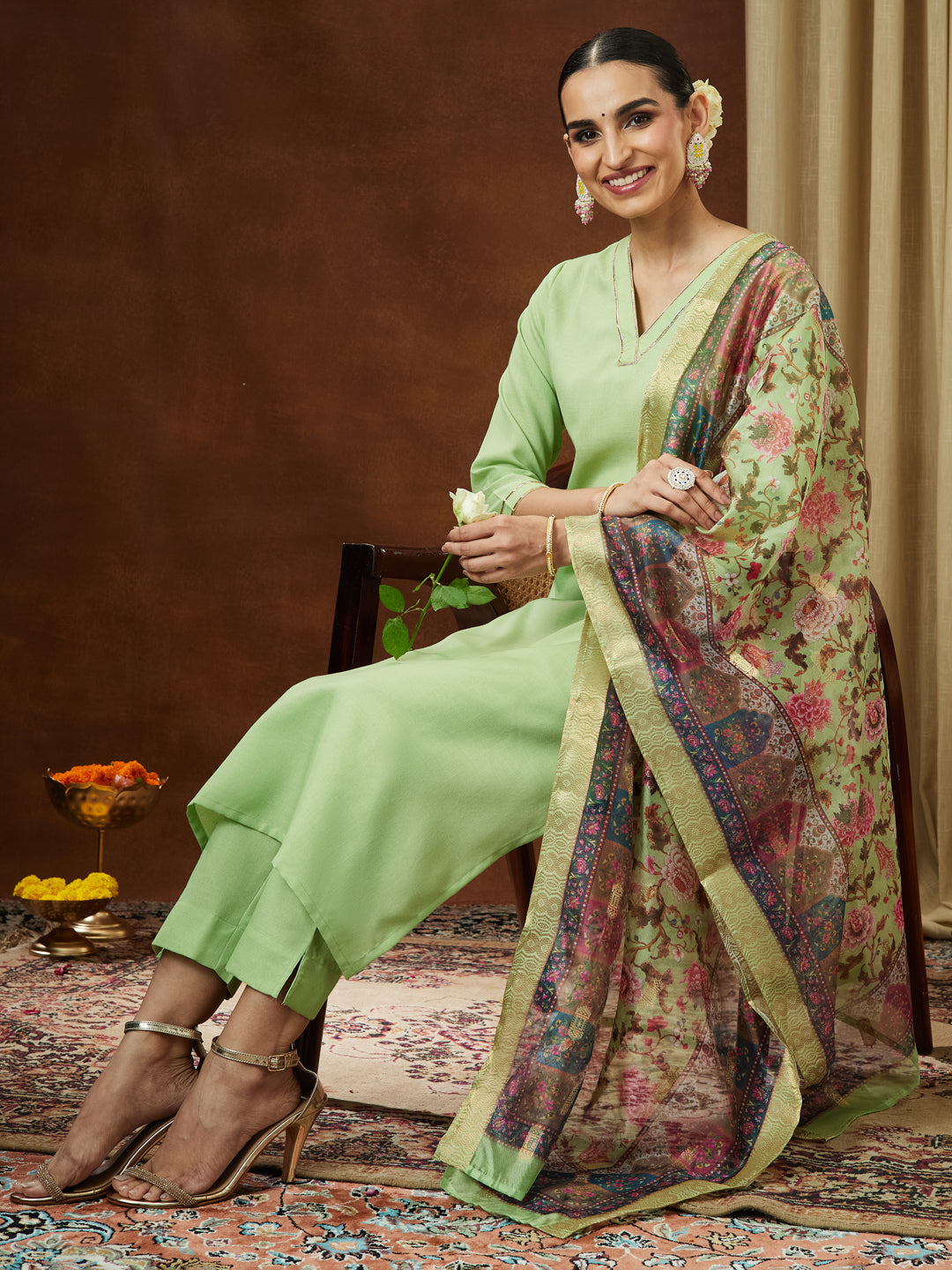 Women's Mint Green Cotton Blend Yoke Design Straight Kurta Set With Printed Jacquard Dupatta