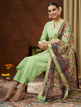 Women's Mint Green Cotton Blend Yoke Design Straight Kurta Set With Printed Jacquard Dupatta