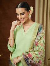 Women's Mint Green Cotton Blend Yoke Design Straight Kurta Set With Printed Jacquard Dupatta
