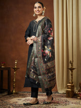 Women's Black Cotton Blend Yoke Design Straight Kurta Set