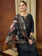 Women's Black Cotton Blend Yoke Design Straight Kurta Set