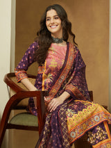 Women's Purple Cotton Blend Floral Printed Straight Kurta Set