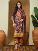Women's Purple Cotton Blend Floral Printed Straight Kurta Set
