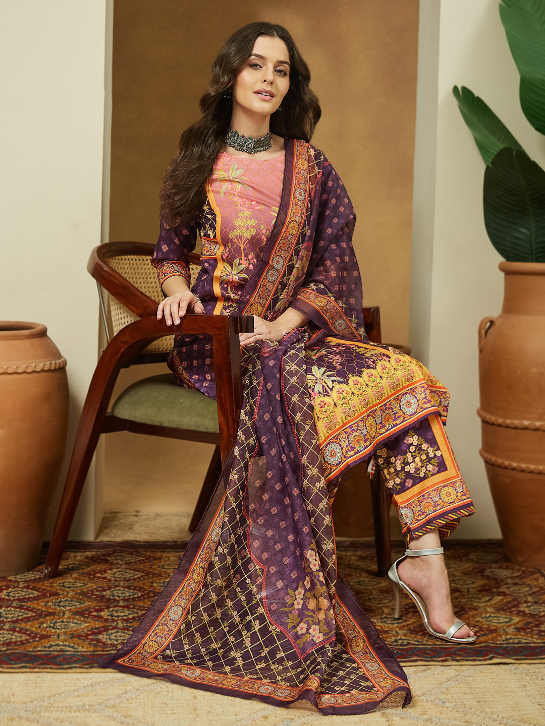 Women's Purple Cotton Blend Floral Printed Straight Kurta Set