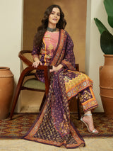 Women's Purple Cotton Blend Floral Printed Straight Kurta Set