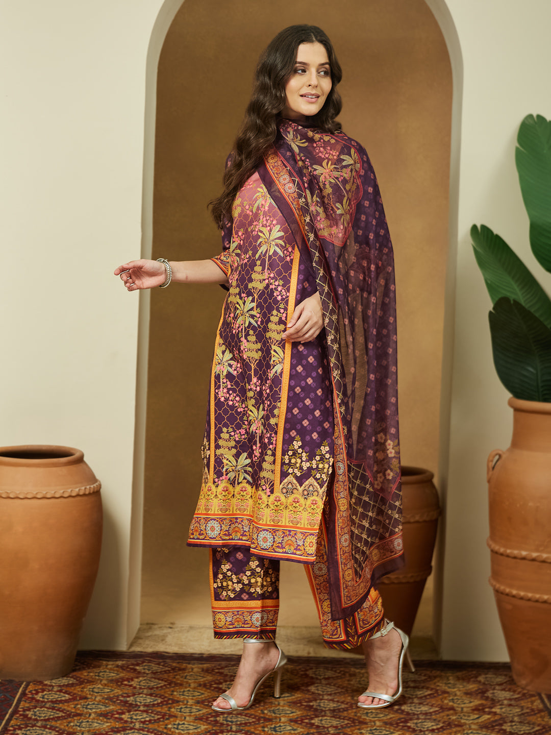 Women's Purple Cotton Blend Floral Printed Straight Kurta Set