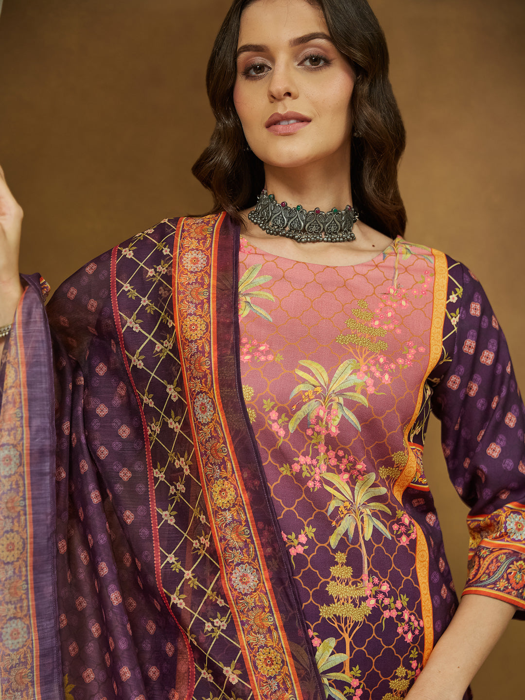 Women's Purple Cotton Blend Floral Printed Straight Kurta Set