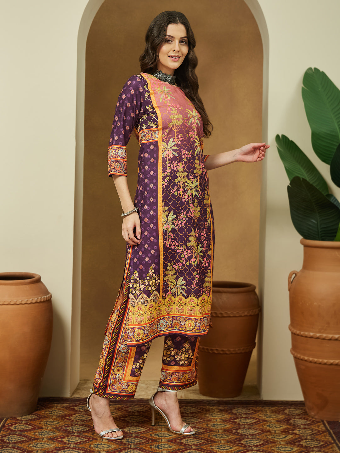 Women's Purple Cotton Blend Floral Printed Straight Kurta Set