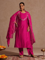 Women's Pink Silk Blend Embellished Yoke Design Straight Kurta Set