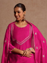 Women's Pink Silk Blend Embellished Yoke Design Straight Kurta Set