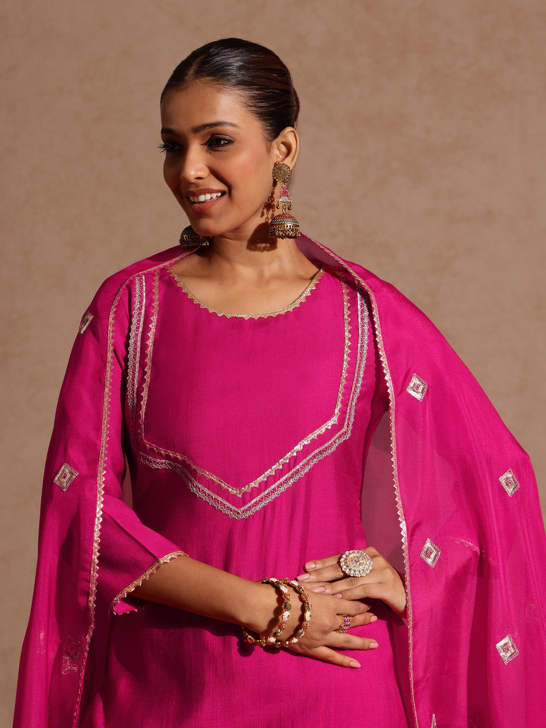 Women's Pink Silk Blend Embellished Yoke Design Straight Kurta Set