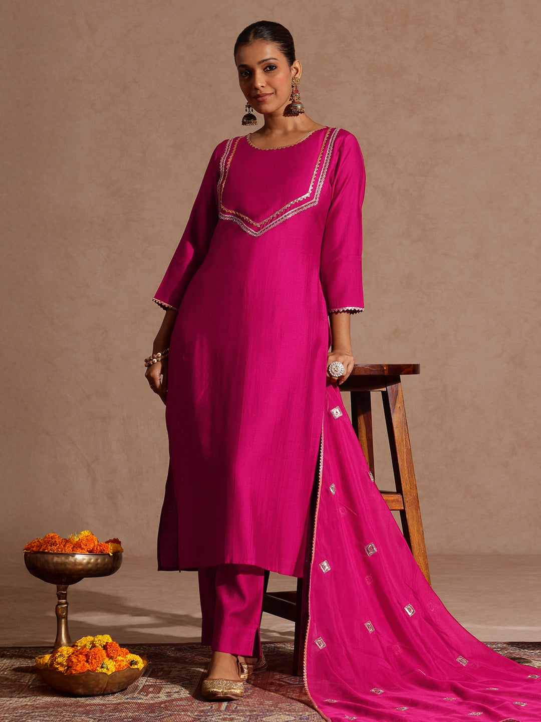 Women's Pink Silk Blend Embellished Yoke Design Straight Kurta Set