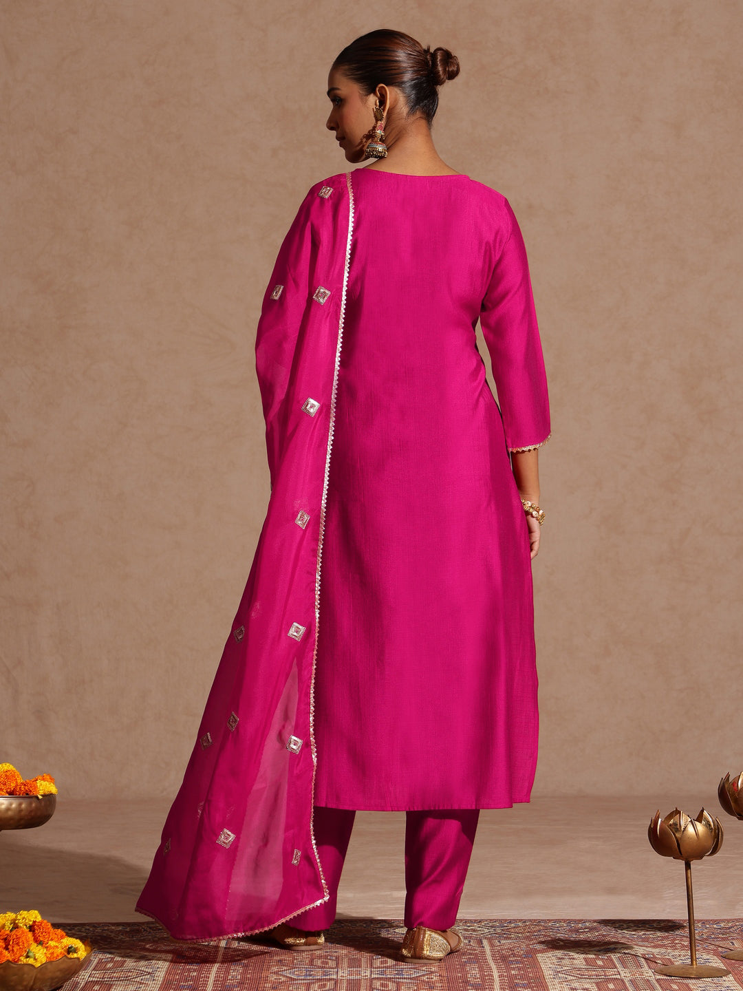 Women's Pink Silk Blend Embellished Yoke Design Straight Kurta Set