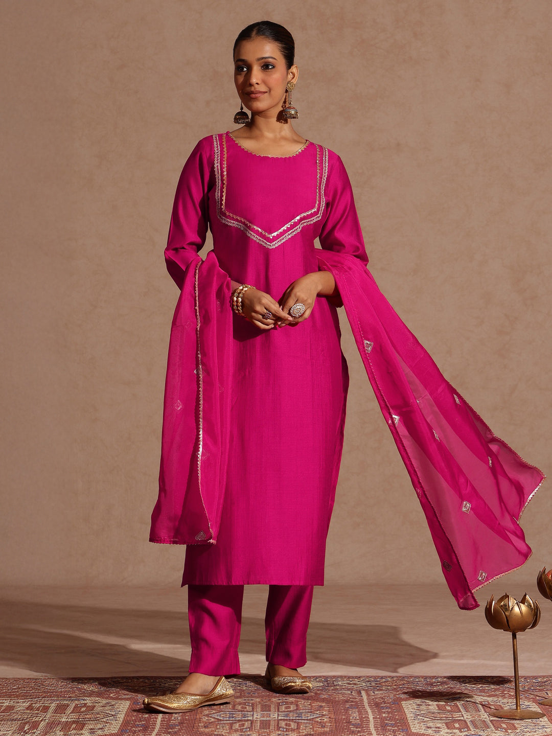 Women's Pink Silk Blend Embellished Yoke Design Straight Kurta Set