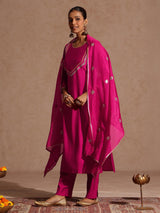 Women's Pink Silk Blend Embellished Yoke Design Straight Kurta Set