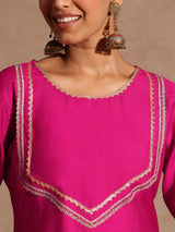 Women's Pink Silk Blend Embellished Yoke Design Straight Kurta Set