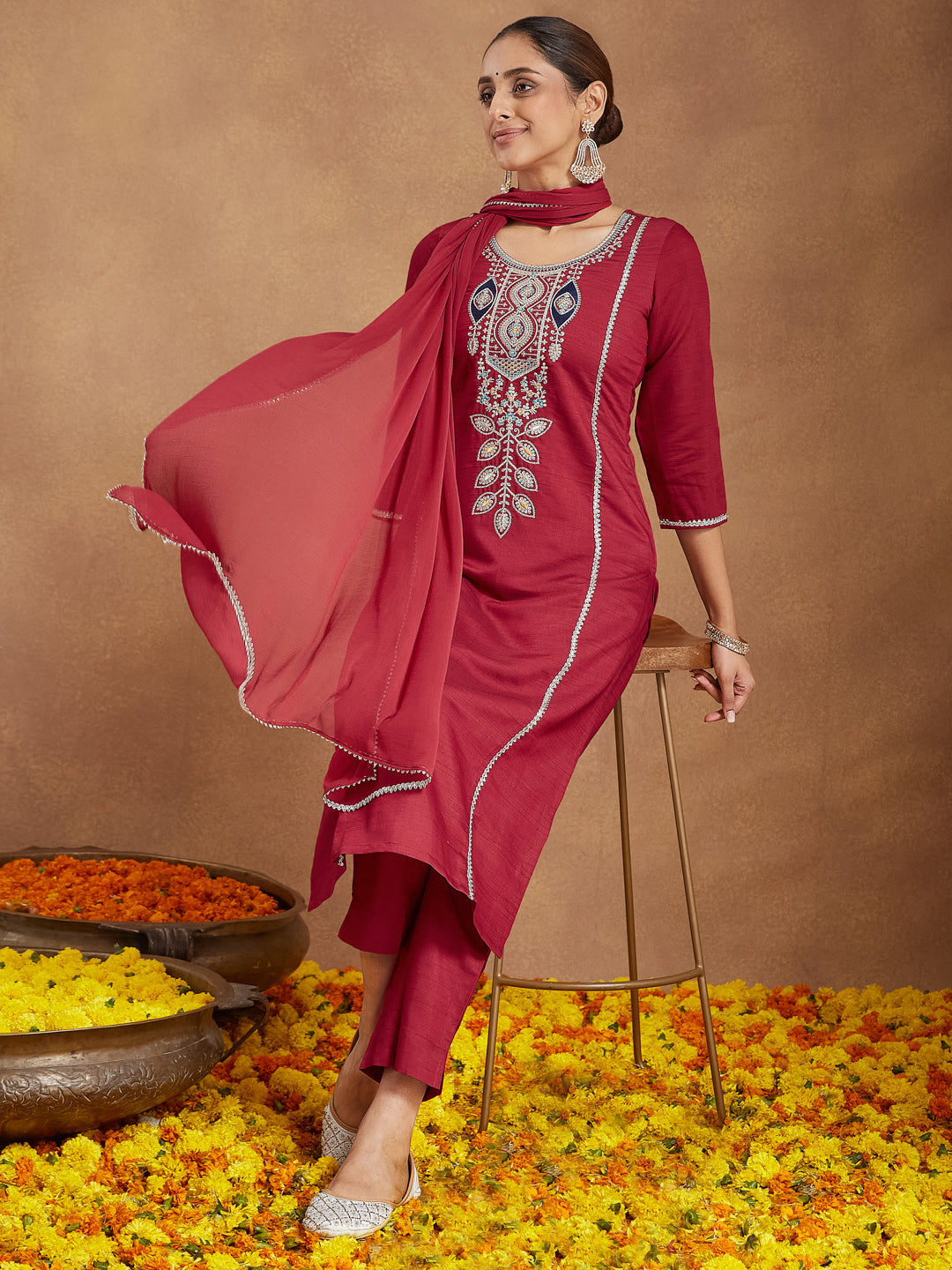 Women's Maroon Silk Blend Embroidered Straight Kurta Set