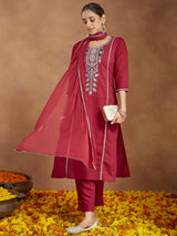 Women's Maroon Silk Blend Embroidered Straight Kurta Set