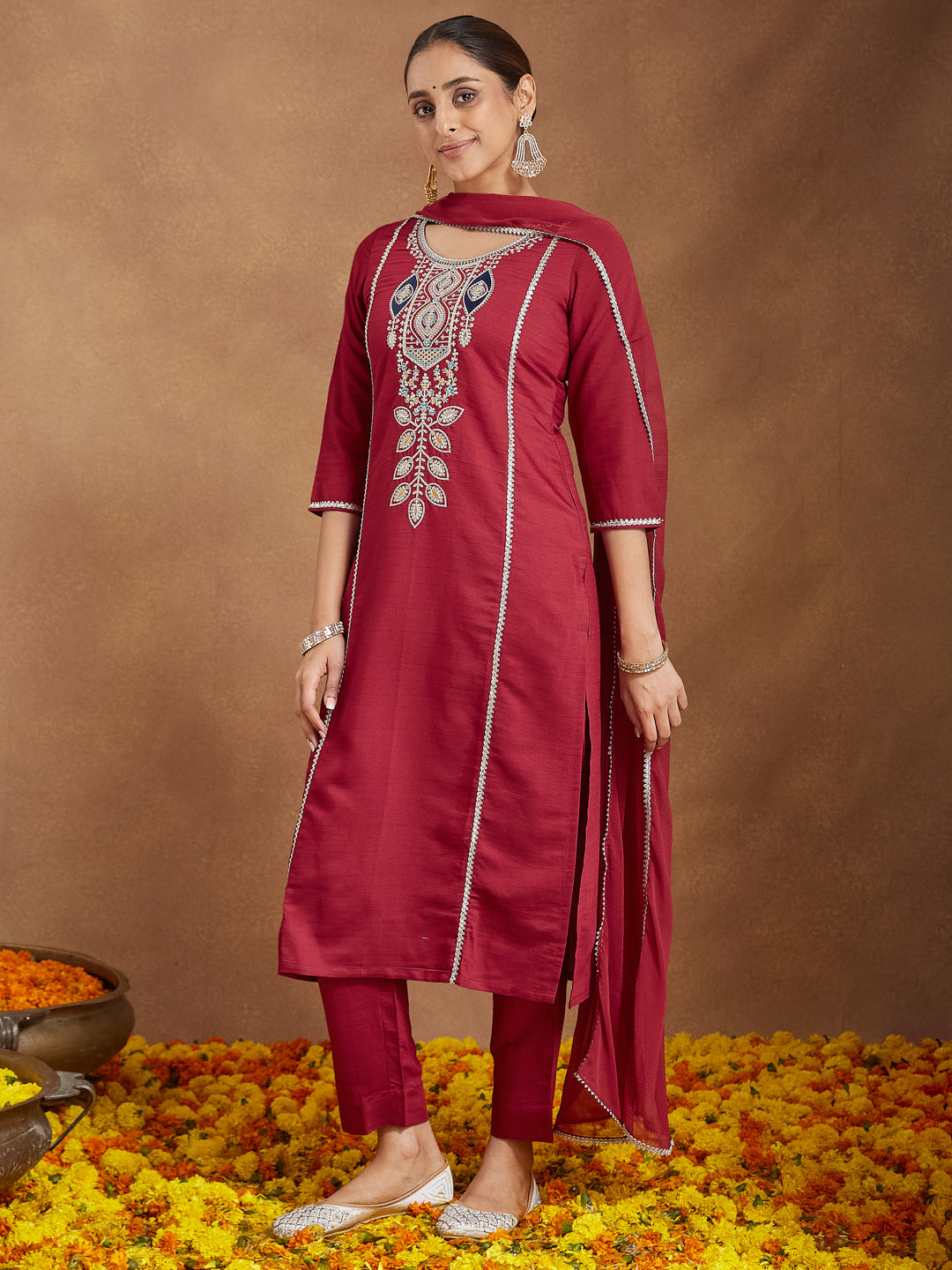 Women's Maroon Silk Blend Embroidered Straight Kurta Set
