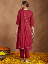 Women's Maroon Silk Blend Embroidered Straight Kurta Set
