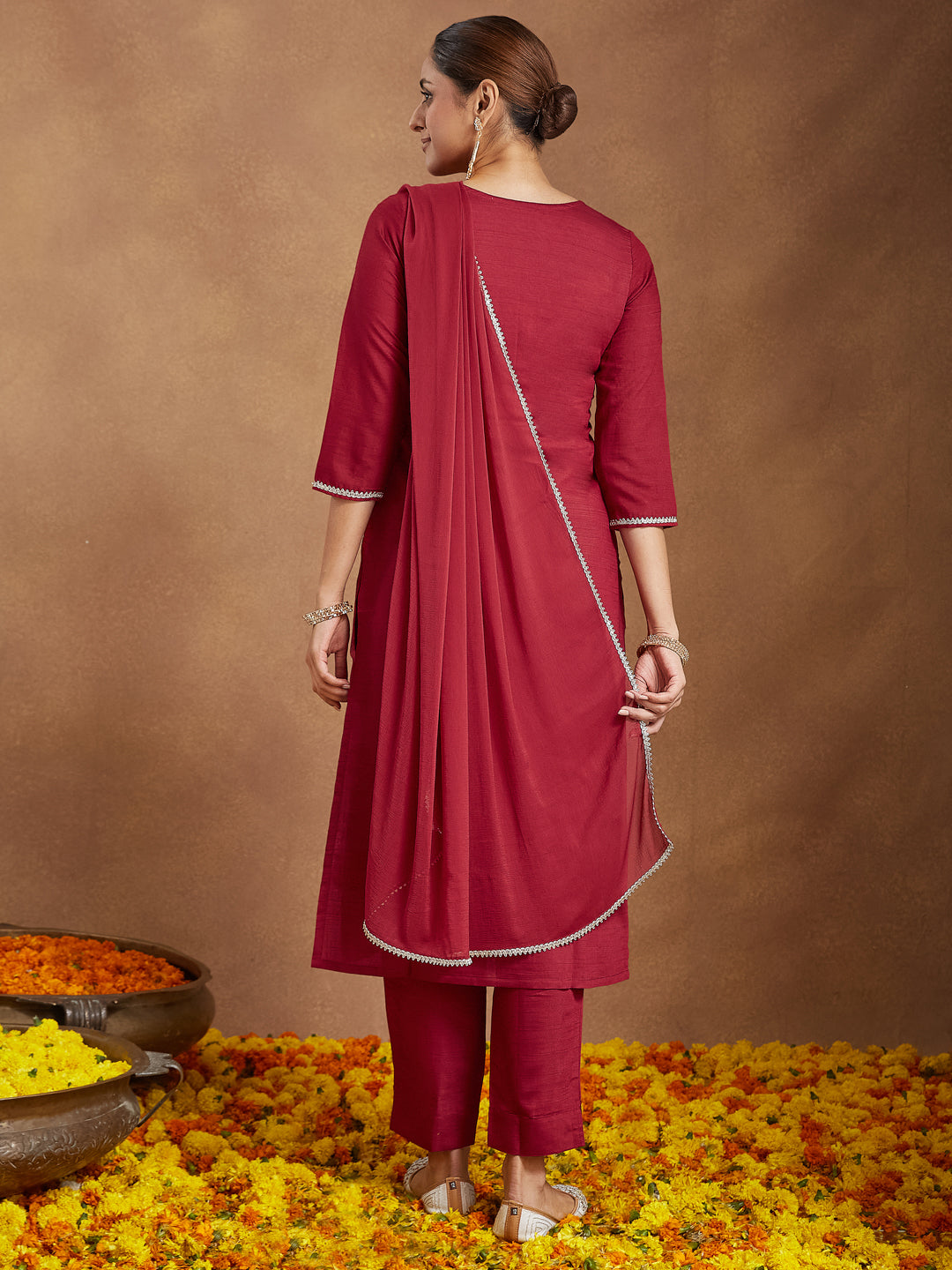 Women's Maroon Silk Blend Embroidered Straight Kurta Set