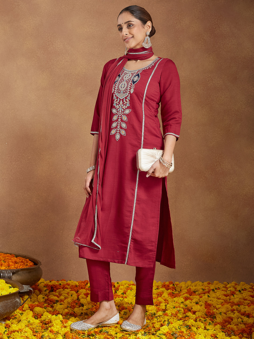 Women's Maroon Silk Blend Embroidered Straight Kurta Set