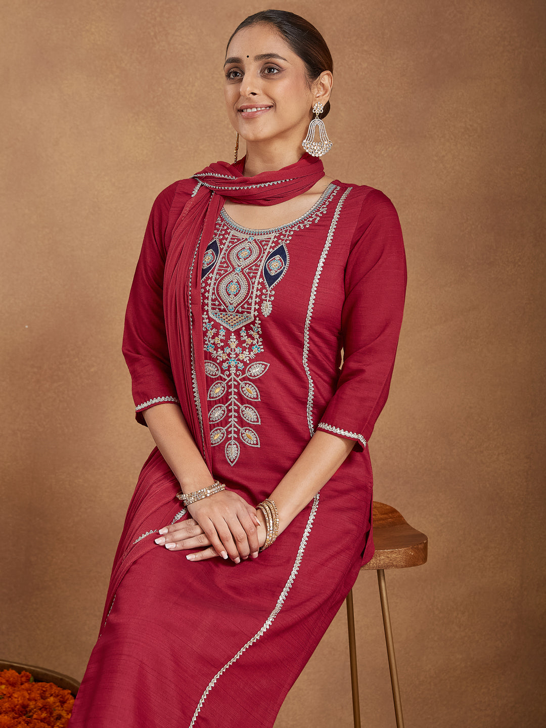 Women's Maroon Silk Blend Embroidered Straight Kurta Set