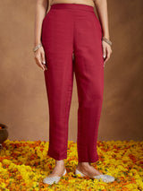 Women's Maroon Silk Blend Embroidered Straight Kurta Set