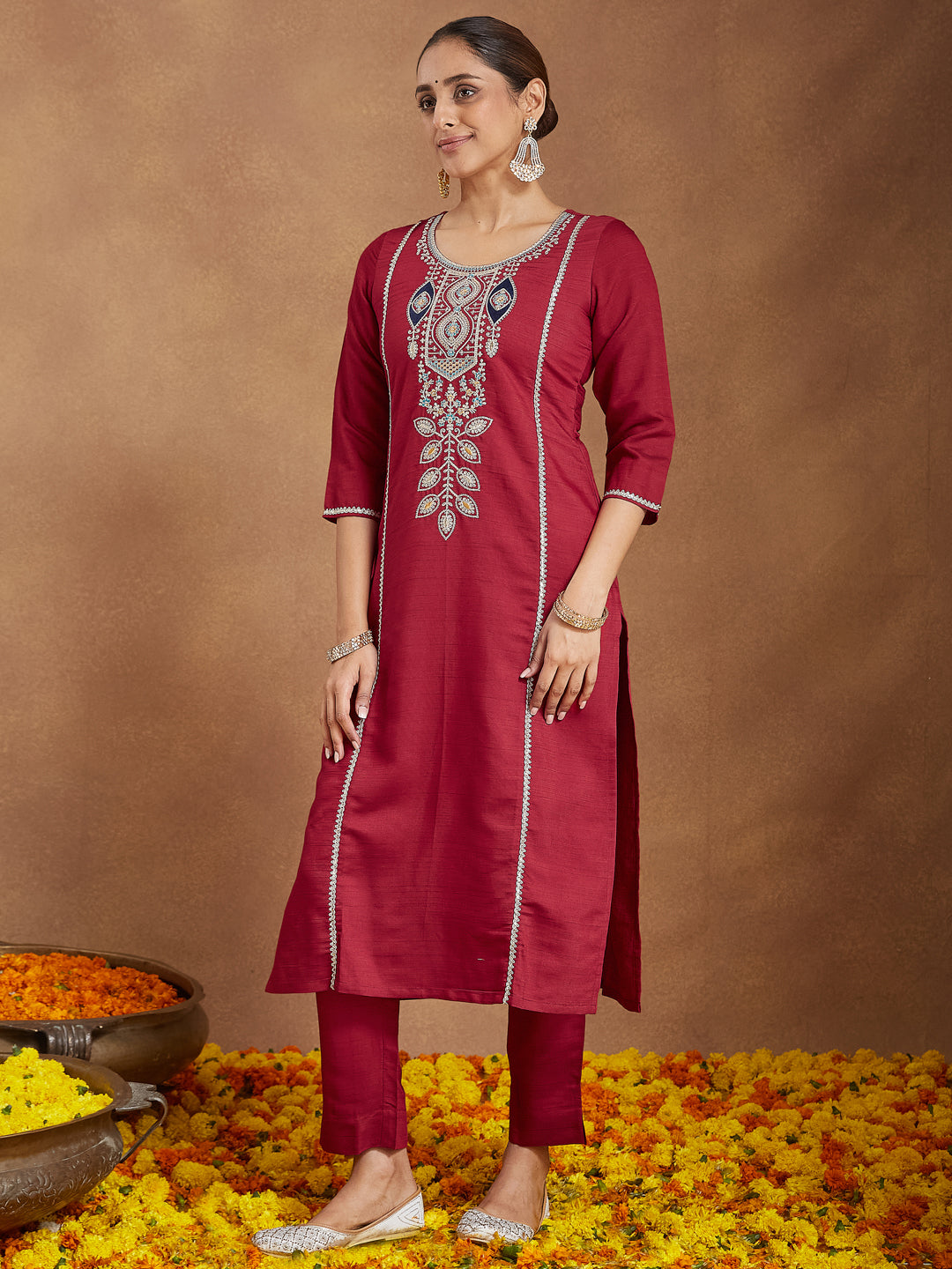 Women's Maroon Silk Blend Embroidered Straight Kurta Set