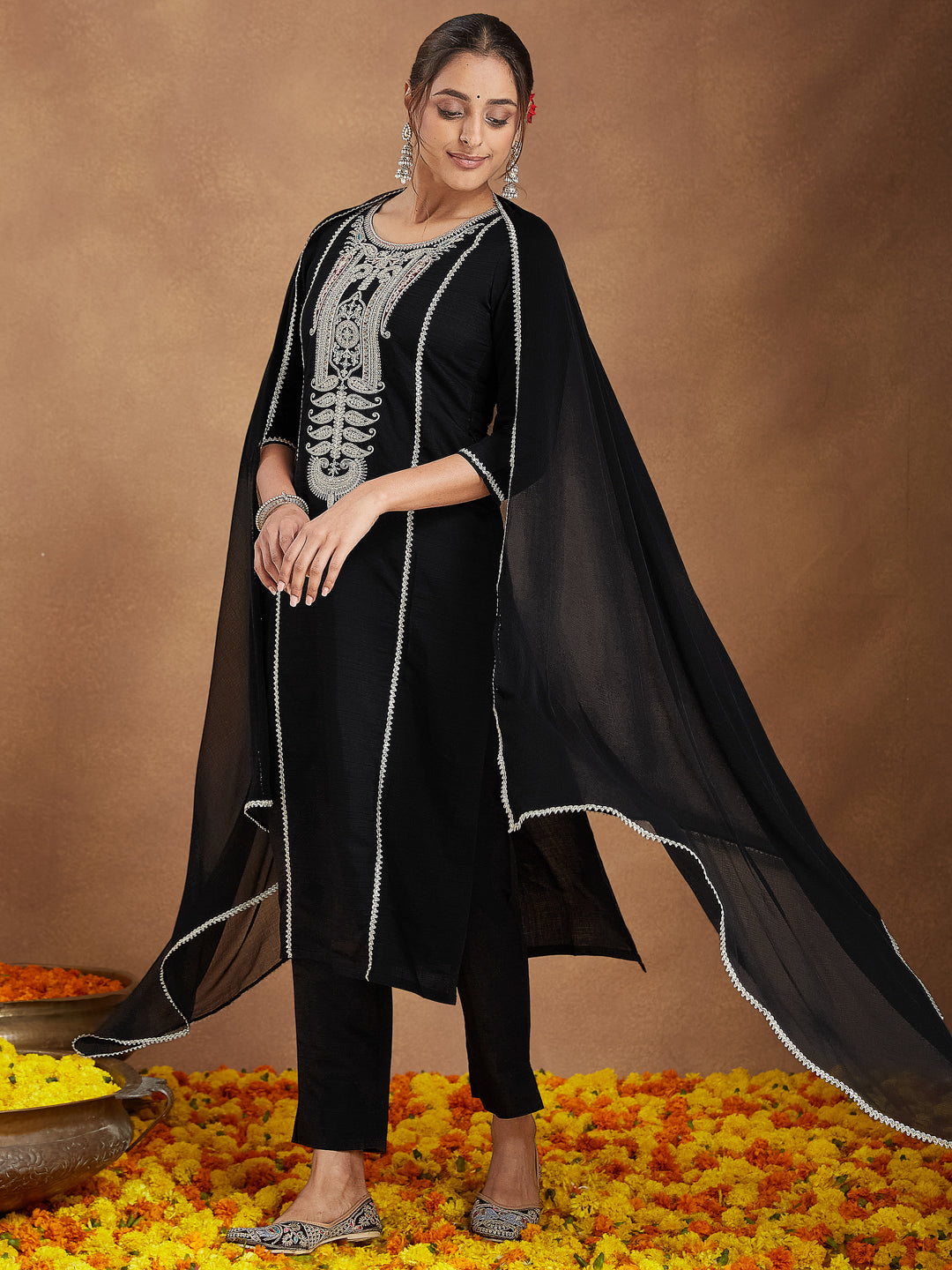 Women's Black Silk Blend Embroidered Straight Kurta Set