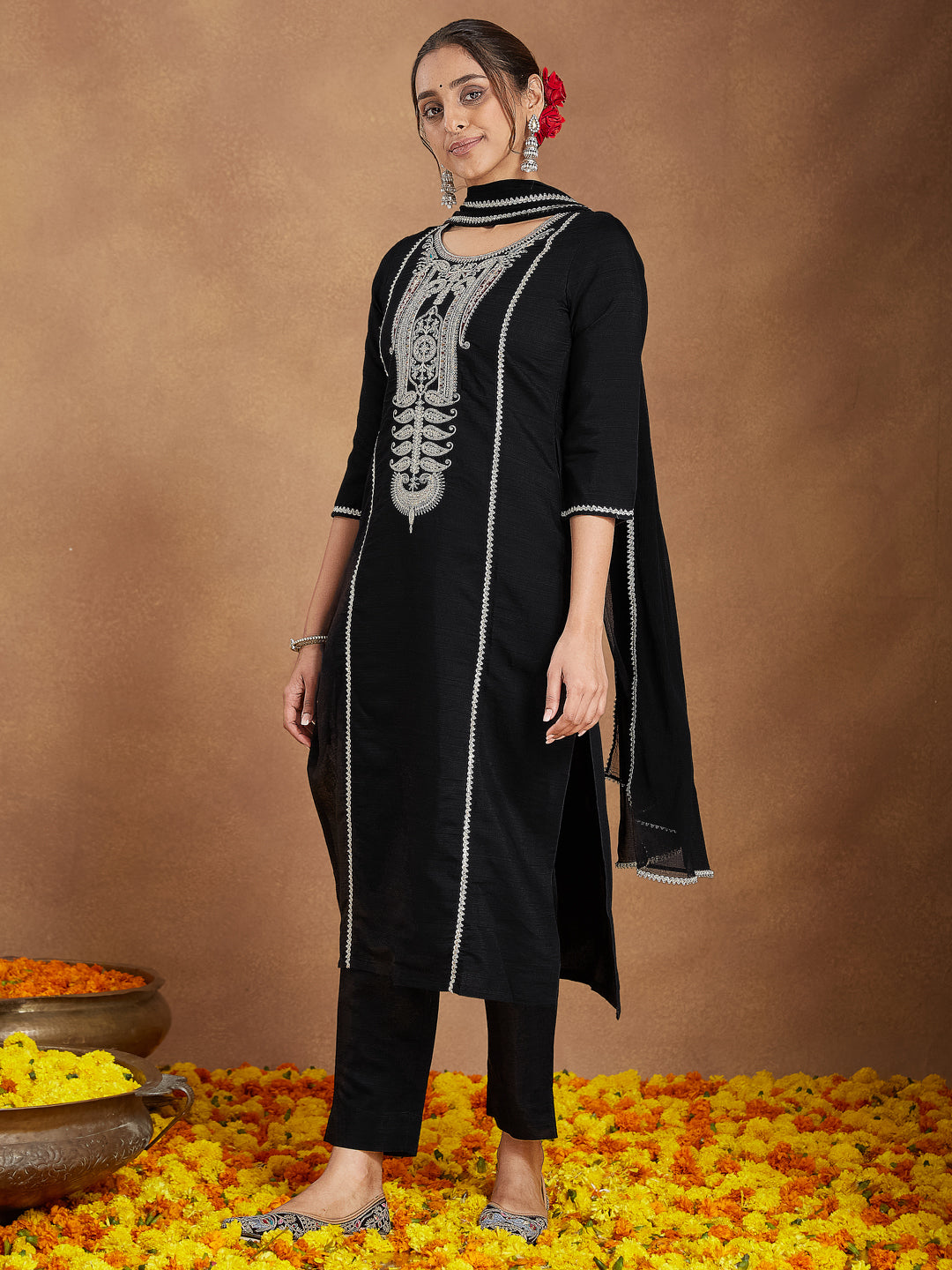 Women's Black Silk Blend Embroidered Straight Kurta Set