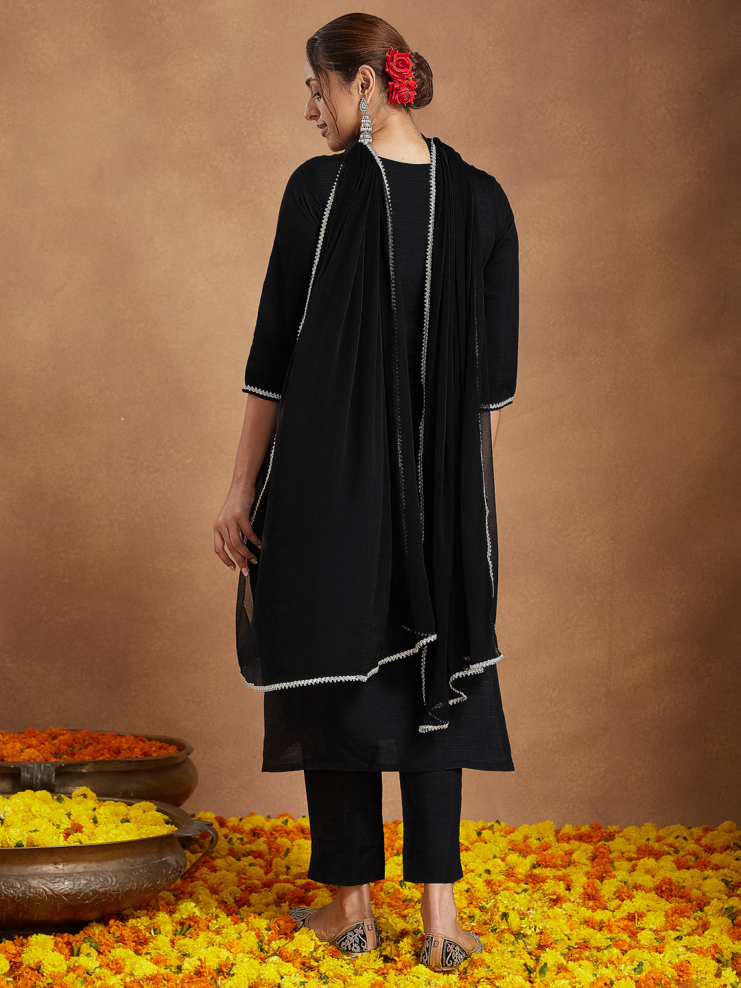 Women's Black Silk Blend Embroidered Straight Kurta Set