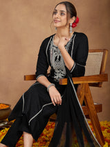 Women's Black Silk Blend Embroidered Straight Kurta Set