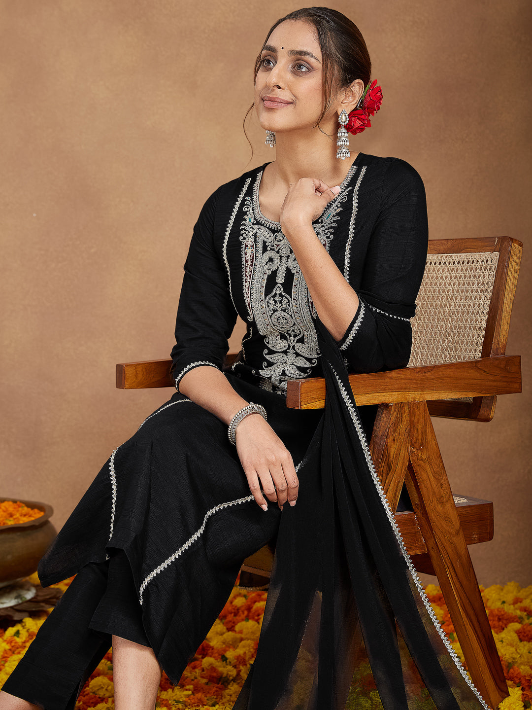 Women's Black Silk Blend Embroidered Straight Kurta Set