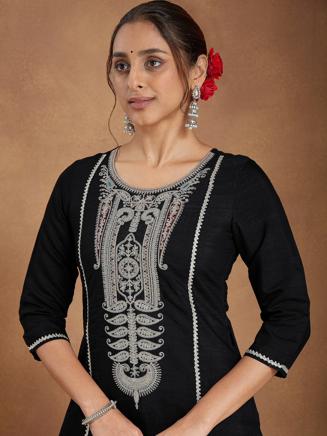 Women's Black Silk Blend Embroidered Straight Kurta Set