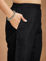 Women's Black Silk Blend Embroidered Straight Kurta Set