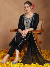 Women's Black Silk Blend Embroidered Straight Kurta Set