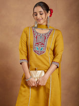 Women's Mustard Silk Blend Embroidered Straight Kurta Set