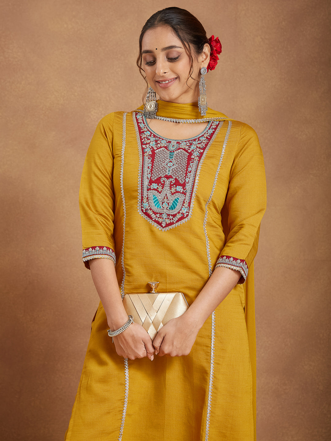 Women's Mustard Silk Blend Embroidered Straight Kurta Set