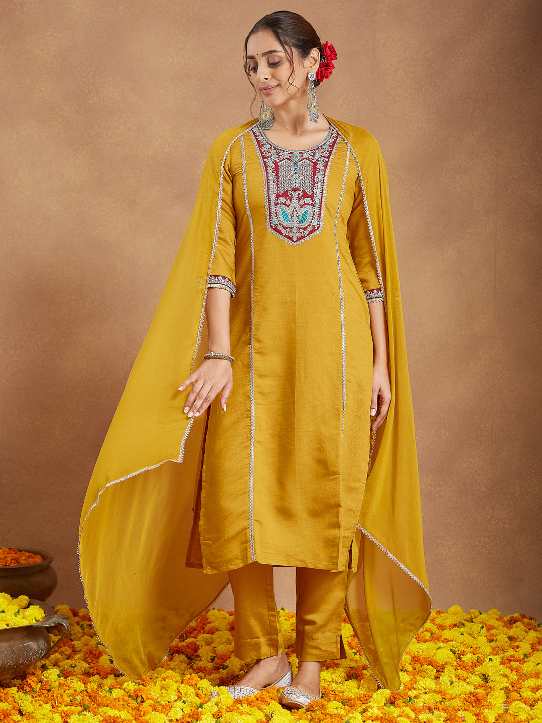 Women's Mustard Silk Blend Embroidered Straight Kurta Set